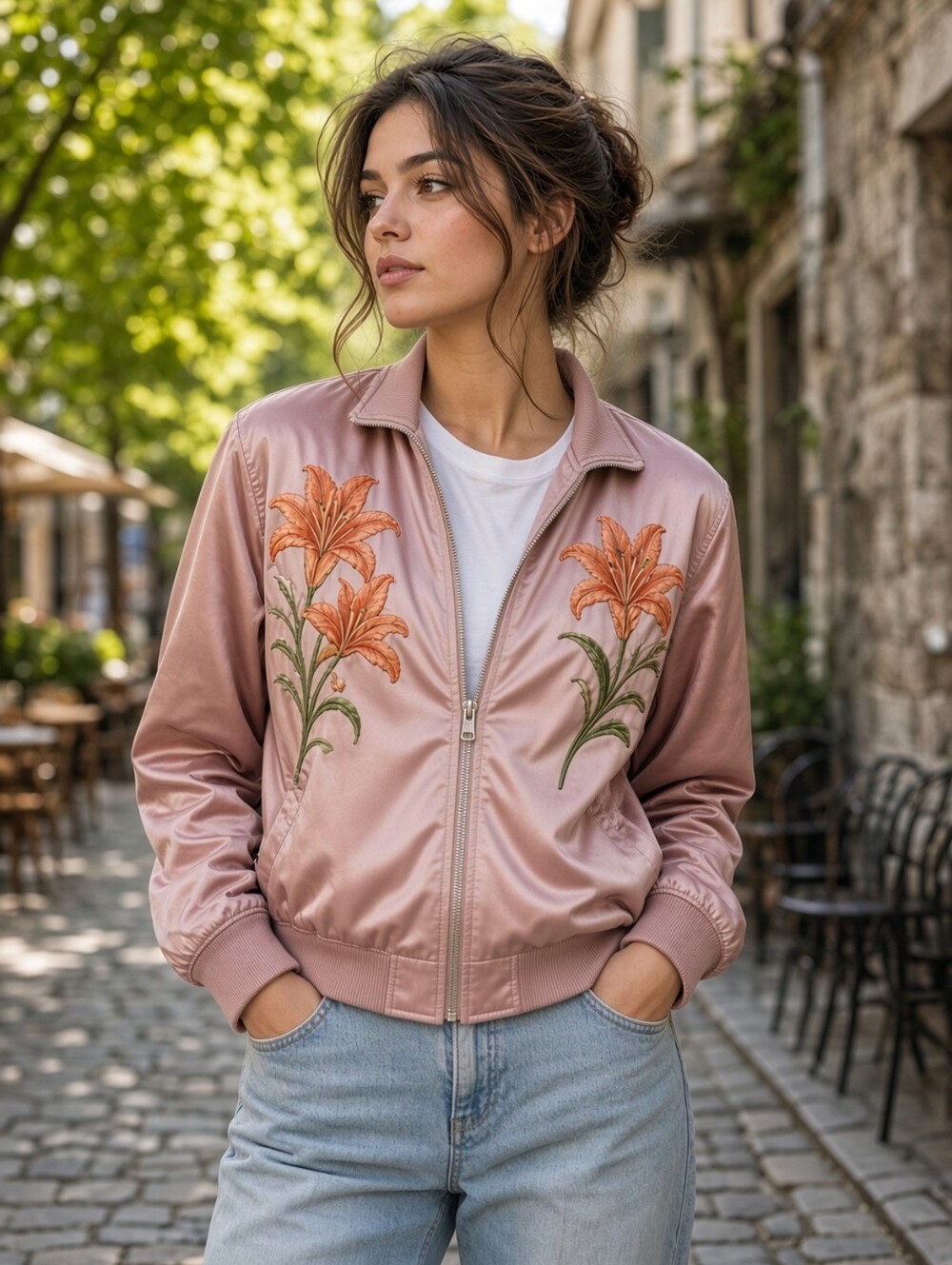 Romeo + Juliet Couture Satin Embroidered Floral Bomber Jacket • Dusty Pink • Med